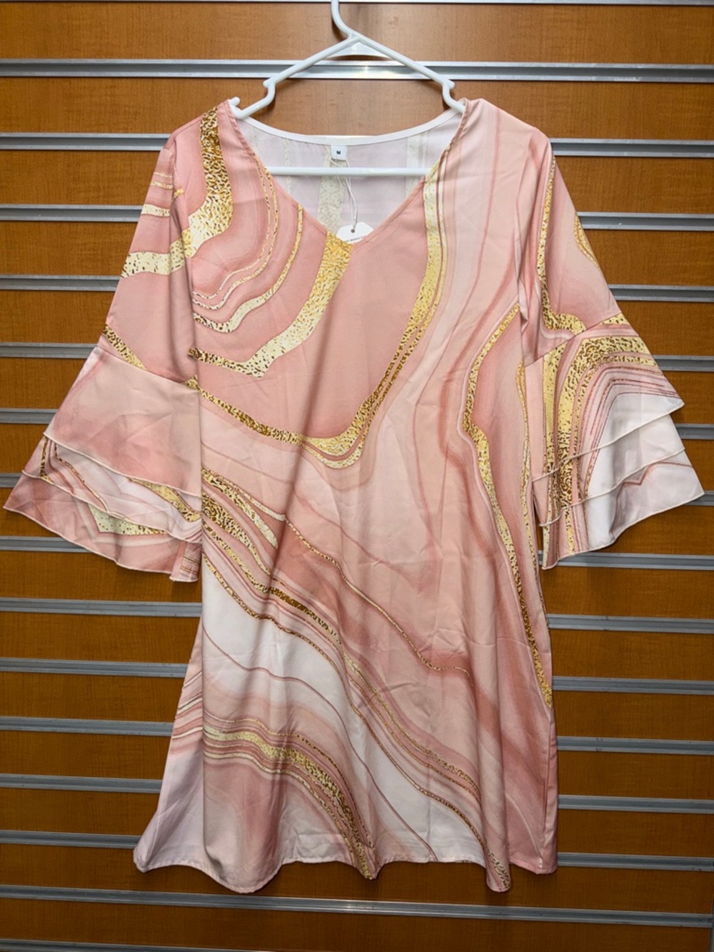 Pink & Gold Swirl V-Neck Tiered Sleeve Tunic